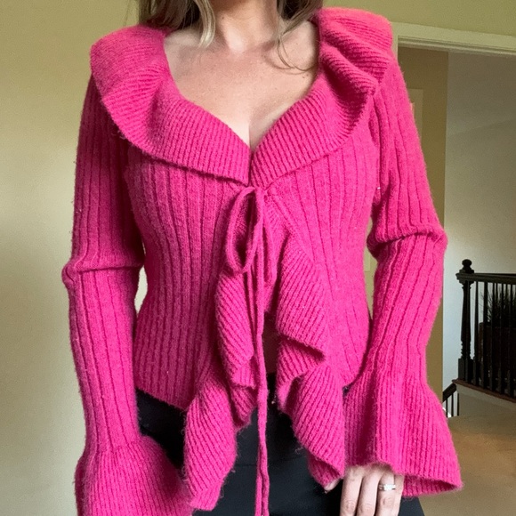 Vici Sweaters - Vici Pink Ruffled Tie Front Sweater